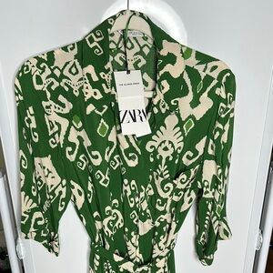 ZARA Green and Cream Patterned Dress